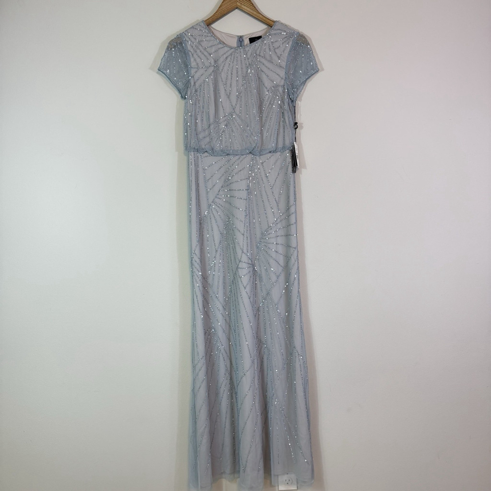 ADRIANNA PAPELL Beaded Cap Sleeve Blouson Gown Grayish Blue Size 4 - Picture 2 of 7